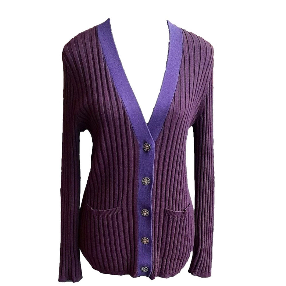 Tory Burch Cardigan Ribbed Burgundy with Purple Trim - Picture 2 of 7